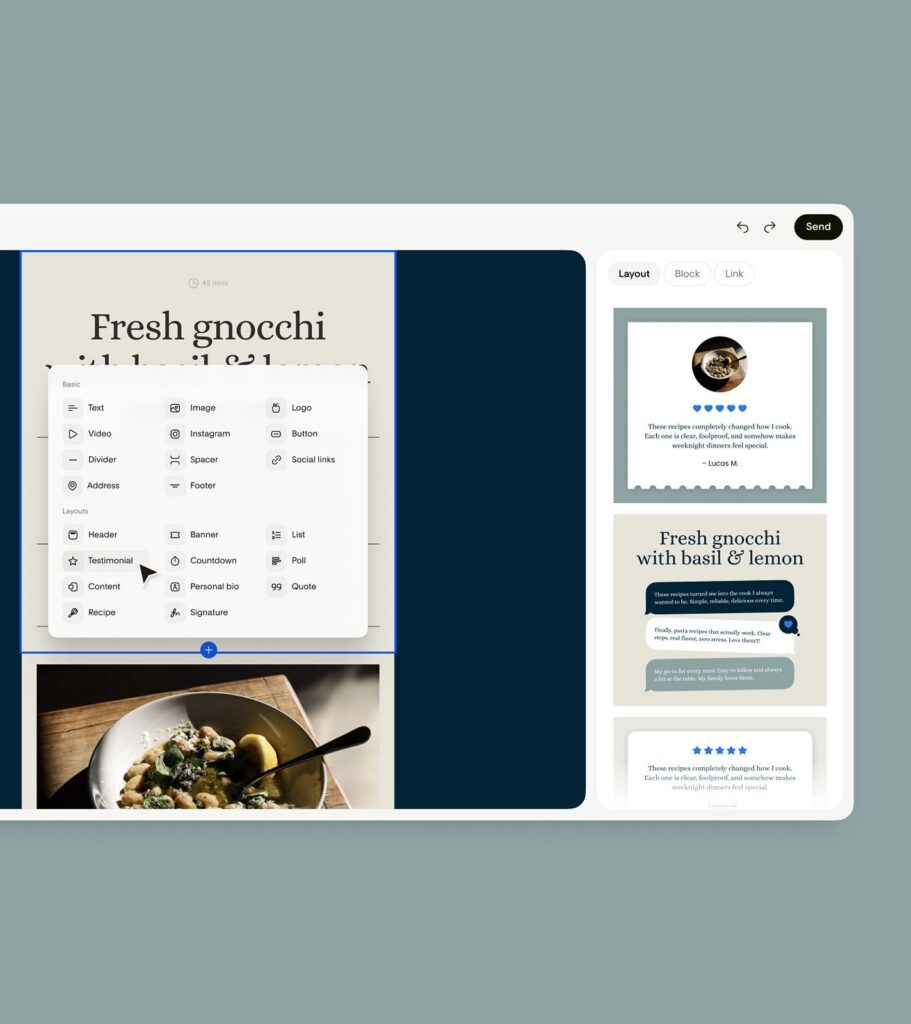 Flodesk Studio's block library open on a recipe email, showing testimonial layout options for a gnocchi recipe