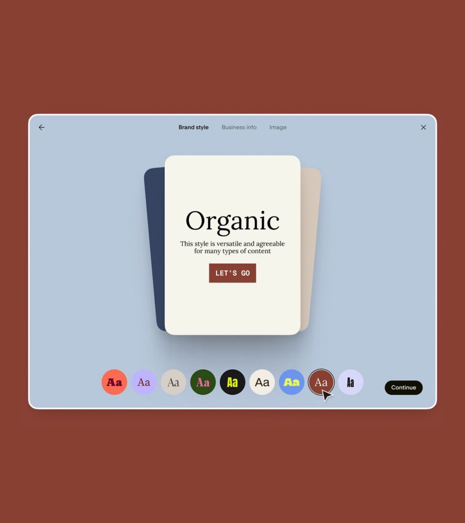 Setting up a brand style and font pairing in Flodesk Studio's onboarding flow, with the "Organic" style selected