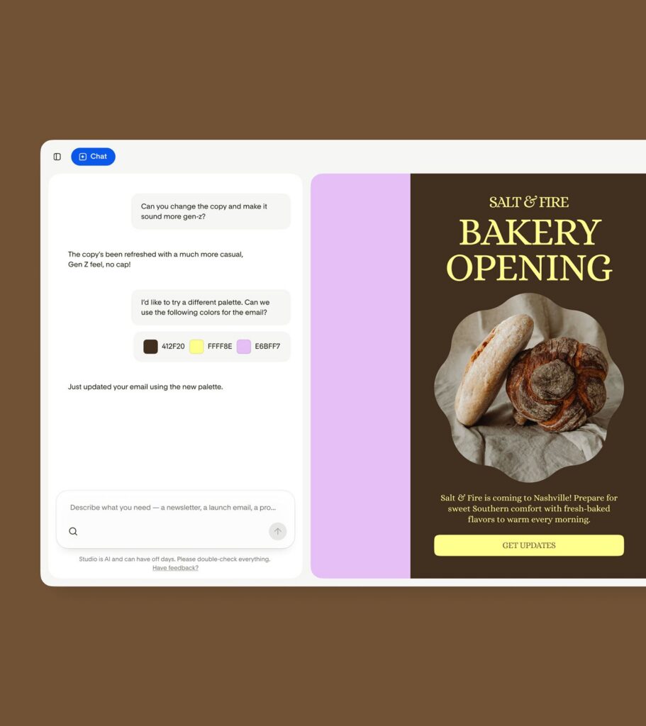 Refining a bakery opening announcement email in Flodesk Studio's chat panel, updating copy tone and color palette