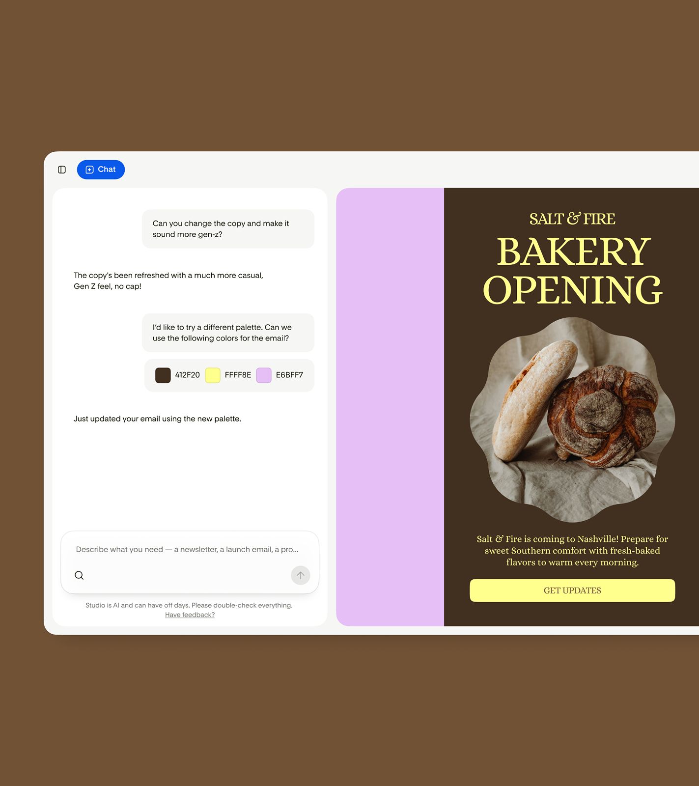 Refining a bakery opening announcement email in Flodesk Studio's chat panel, updating copy tone and color palette