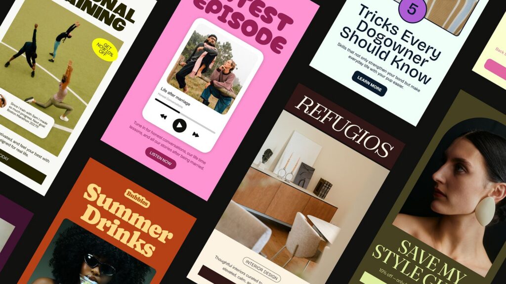 Collage of email and social templates designed in Flodesk Studio, spanning fitness, podcast, home, pet, and fashion brands